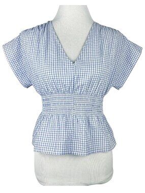 Madewell Gingham Plaid Seersucker Smocked Top Womens Small Blue White